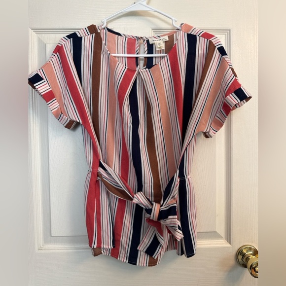 Monteau Striped Tie Front Blouse Womens Large Keyhole Back Short Sleeve Top - Picture 2 of 12